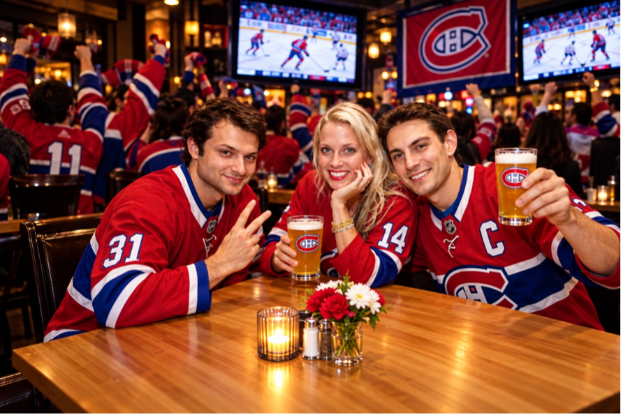 Three Montreal hockey fans raising beers at Burger Bar Crescent