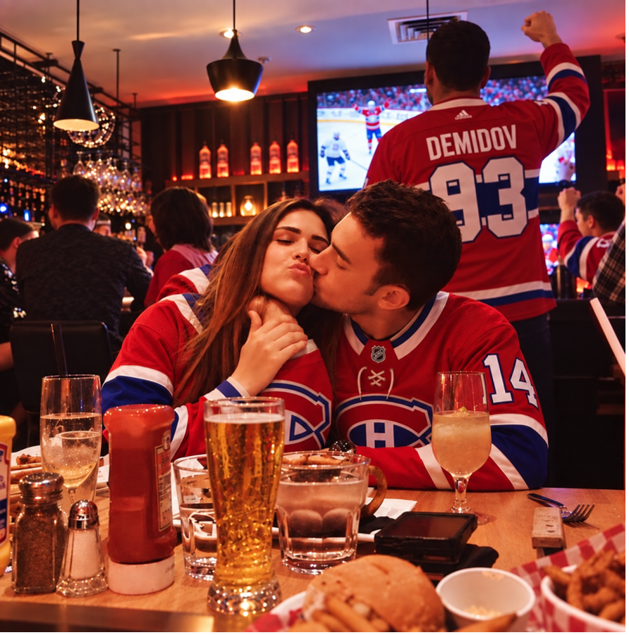 Montreal hockey fans celebrating a goal at Burger Bar Crescent