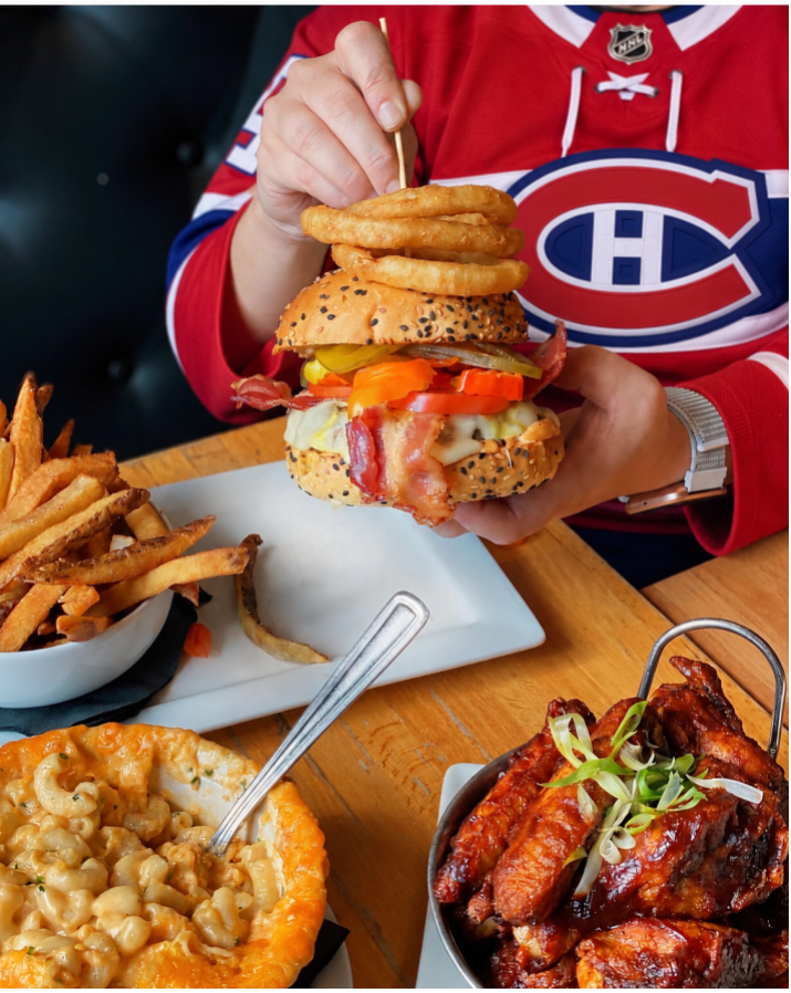 Onion-ring burger, wings, fries and mac and cheese at Burger Bar Crescent